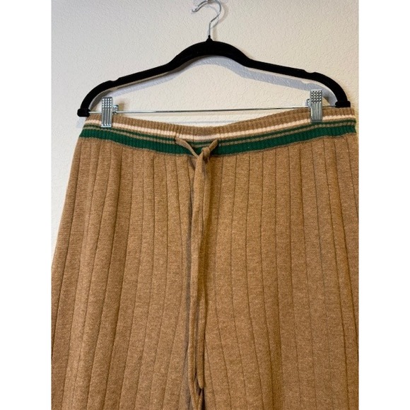 MONROW Wool Cashmere Ribbed Wide Leg Pants Camel Brown Green Stripe XL HB0325-11 - Picture 2 of 7